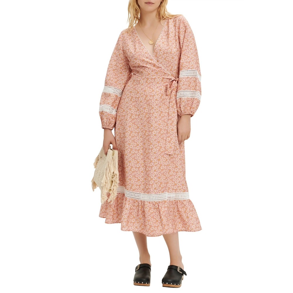 Maje NWT Pink Floral Wrap Midi Dress V-Neck Long Balloon Sleeve Lace Tie 6